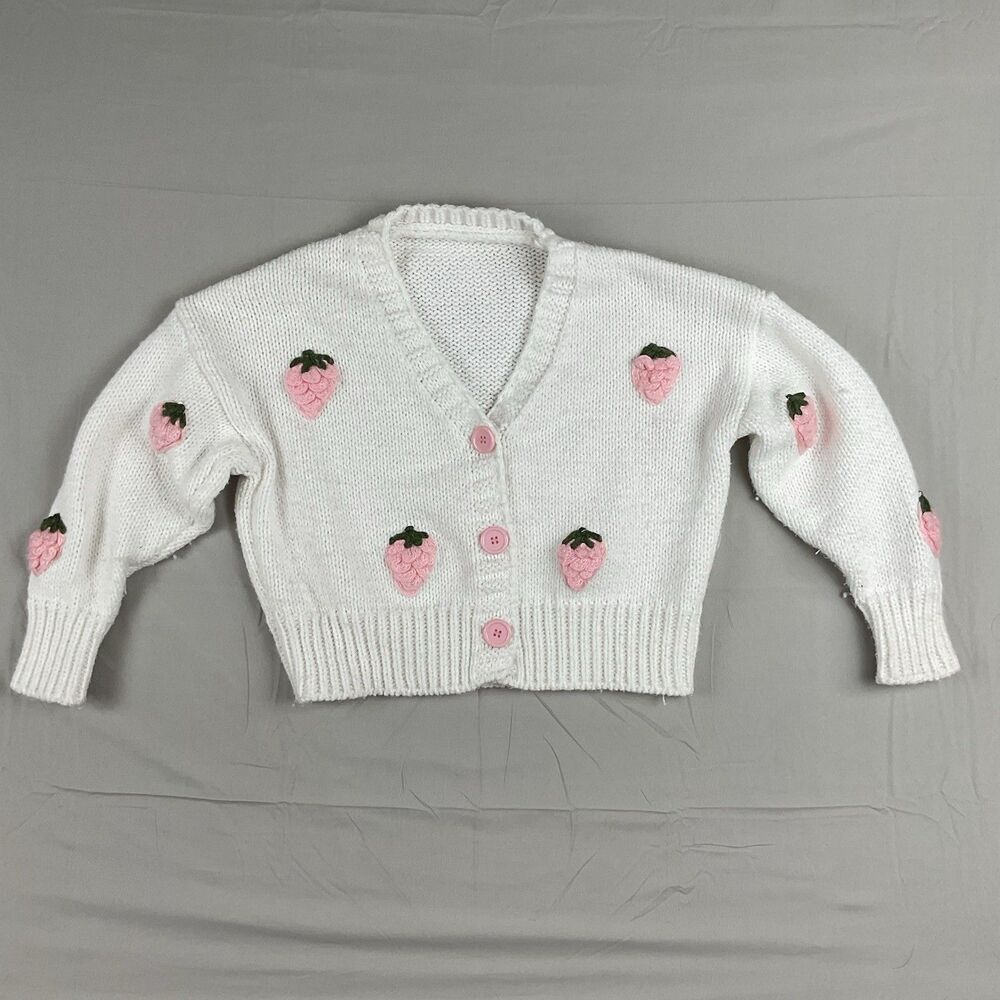 Strawberry Knit Cardigan White Pink‎ Kawaii Soft Girl Coquette Cottagecore